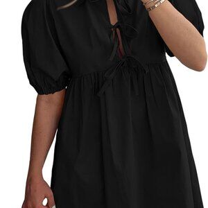 Womens 2025 Summer Casual Short Sleeve Dresses A Line Bow Tie Front Babydoll Loo